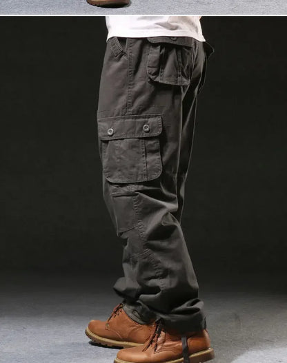 Cross-Border Men's Cargo Pants Spring Autumn Loose-Fit Pure Cotton Multi-Pocket Plus Size Straight-Leg Casual Pants