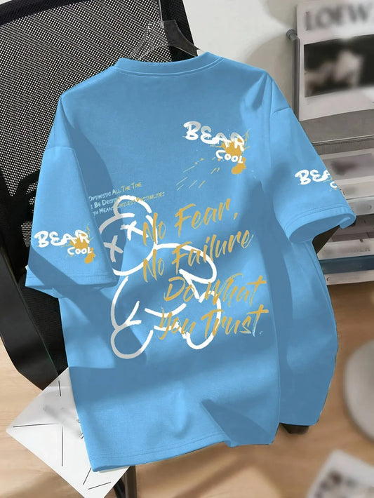 Summer men's round neck breathable T-shirt with cartoon bear print pattern suitable for daily and weekend gifting to friends by PDG ibma