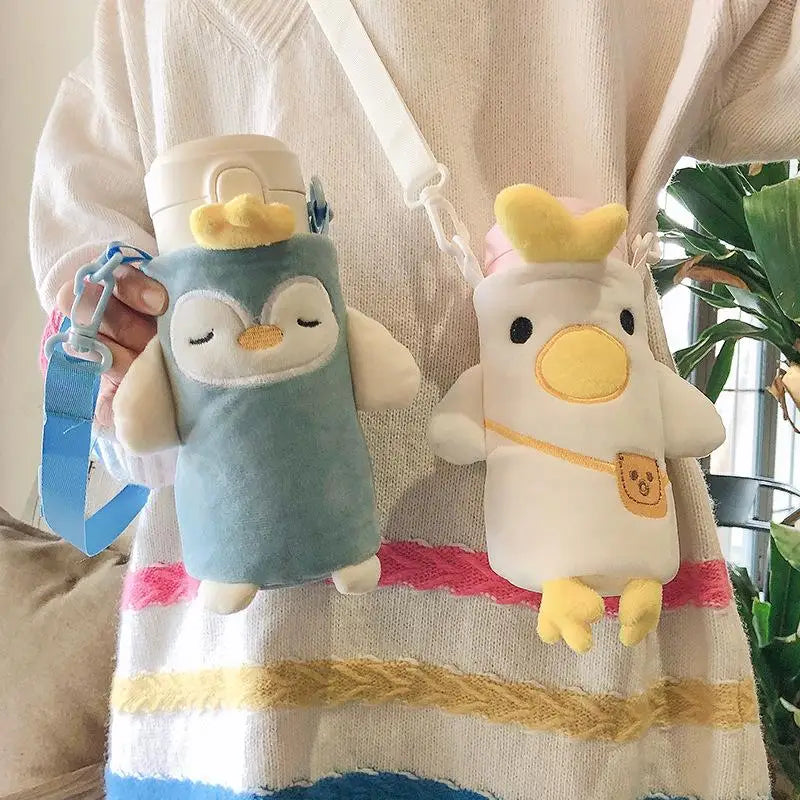 1Pcs Cartoon Plush Cup Holder With Crossbody Strap Portable Water Bottle Cover Cute Plush Insulated Bag Cup Pouch