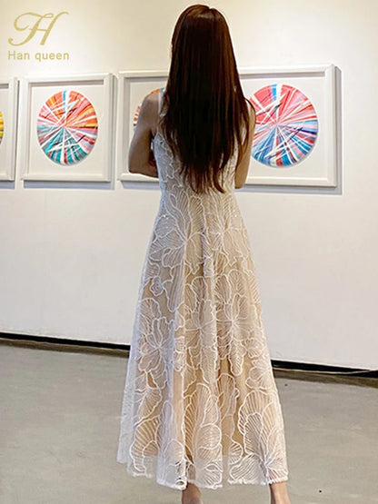 Fashion Slim O-Neck Long Party Casual Dress Hot Sale Summer Dresses Korean Retro Sleeveless Mesh Embroidery Vestidos