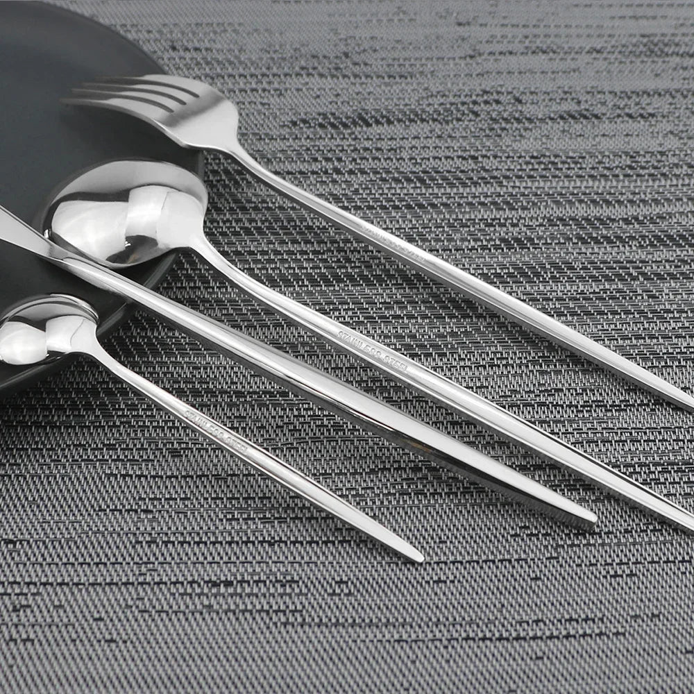 24Pcs Stainless Steel Cutlery Set Black Handle Golden Dinnerware Knife Fork Spoon Kitchen Tableware Gift Set