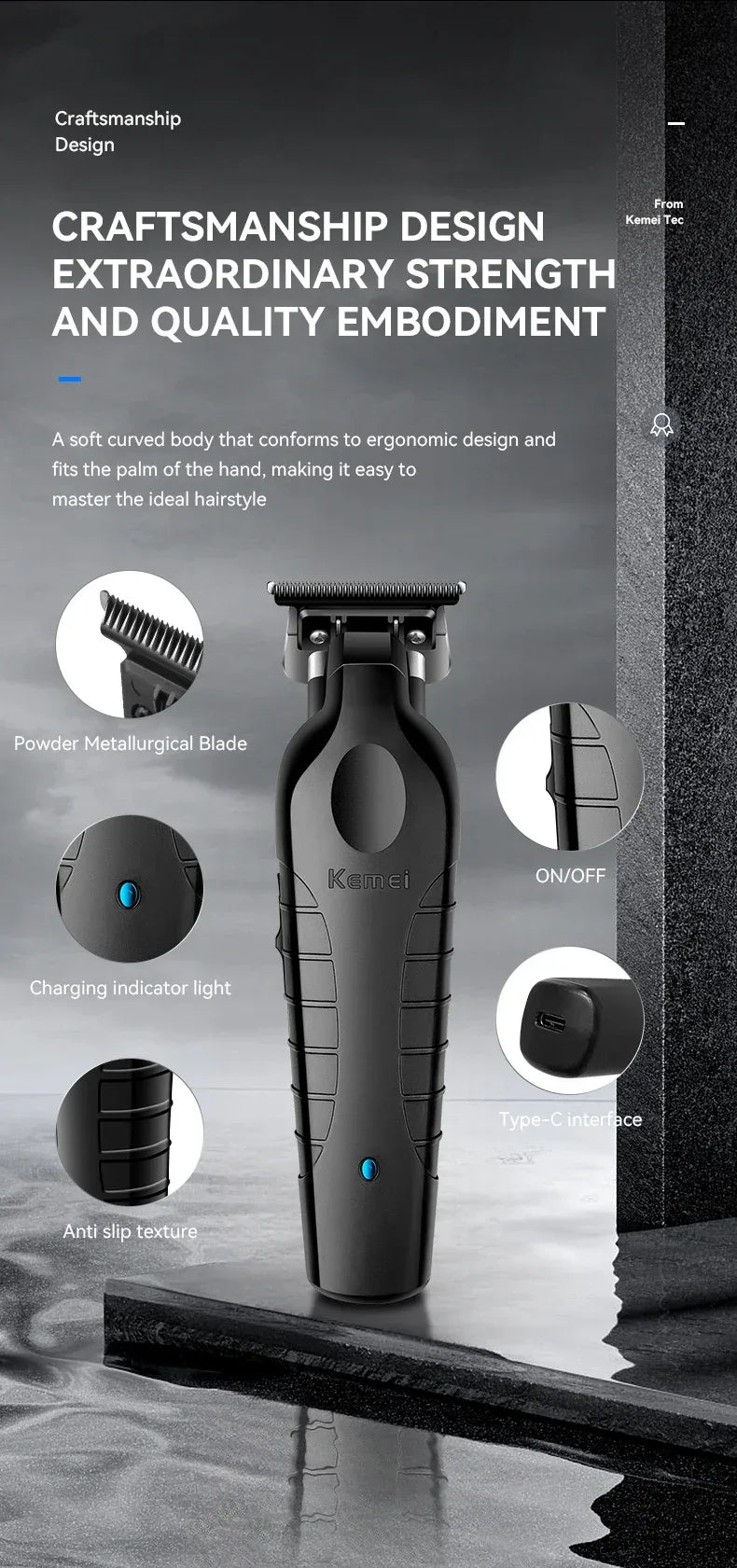 Kemei Men's Cordless Hair Clipper USB Rechargeable Zero Gap Trimmer Electric Hair Clipper Original Blade Accessories KM-2299