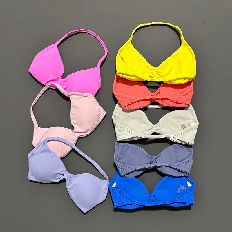 HISTELLO Strappy Bra Gym Top Women High Support Thin Strap Halter Sports Seamless Bras Scrunch Push-up Workout Yoga Tank Tops
