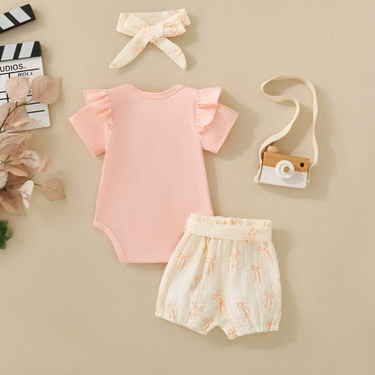 Summer unisex baby pink short-sleeved letter-print romper, shorts, bow hair accessory and belt – 4-piece set