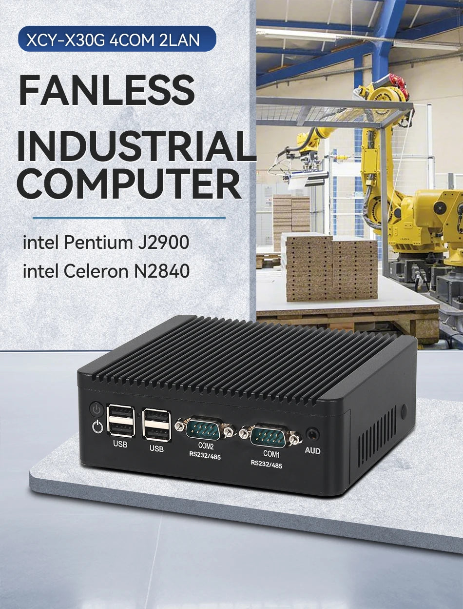Fanless Industrial Mini PC Pentium J2900 4x Serial Ports RS232 RS485 2x Gigabit Ethernet Mini PCIe WiFi 4G LTE SIM Windows Linux