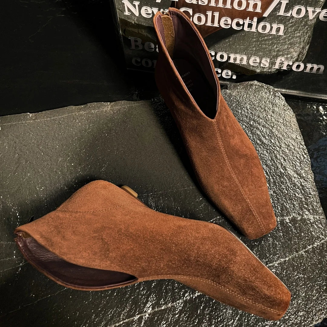 Women's natural suede leather pointed toe back zip kitten heel autumn ankle boots elegant ladies short booties shoes for woman