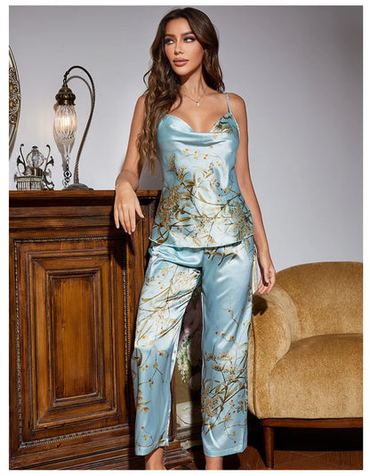 Women Pajamas Sexy Print Cherry Suspender Pijamas Suit Sleepwear Spring Summer Silk Rayon Home Clothes Sling Pants Two Piece Set