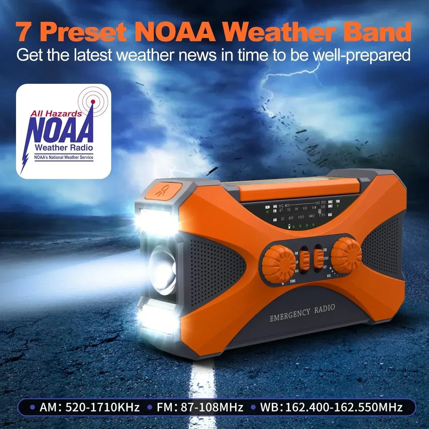 Multifunctional 10000mAh Solar Crank Radio  AM/FM/NOAA Weather Alert, Dual Stereo Speakers, Phone Charger, LED Torch & SOS Alarm