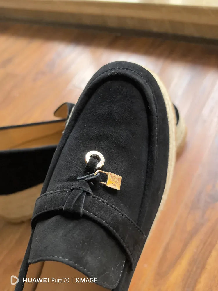 MKKHOU Fashion Loafers New High Quality Real Leather Suede Vintage Straw Braid Platform Shoes Daily Casual Light Shoes Neutral