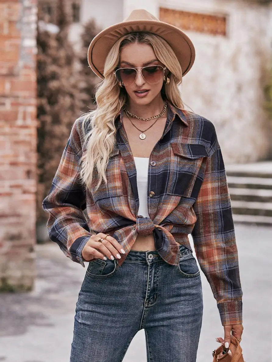 Autumn Plaid Shirt Women Long Sleeve Turn-down Collar Oversize Shirts Female Stylish Vintage Casual Blouse Ladies Chemise