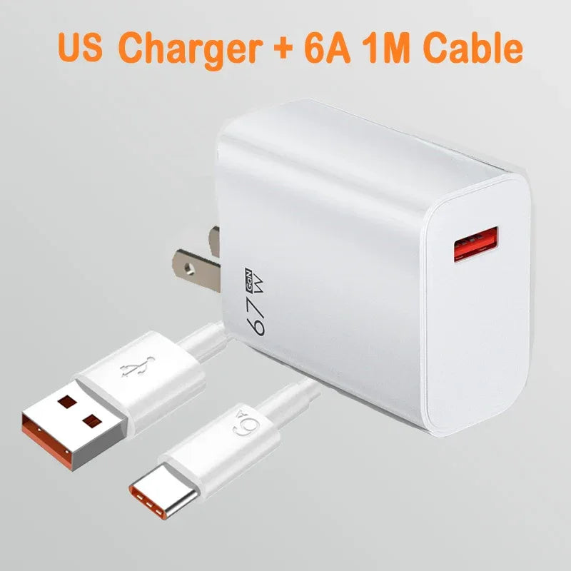 EU US UK Plug 67W 6A USB Fast Charger For Xiaomi 10T 11 12 Lite 13T Redmi Note 10 11T 12 13 POCO X4 X5 F5 Type C Charging Cable