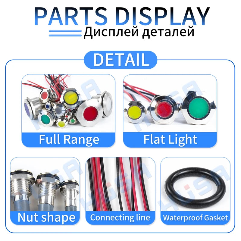 1pcs Alumina LED Warning Indicator Light Signal Lamp Pilot Wire 3-6 12-24 220V 6/8/10/12/16/19/22mm Power Waterproof IP65 Black
