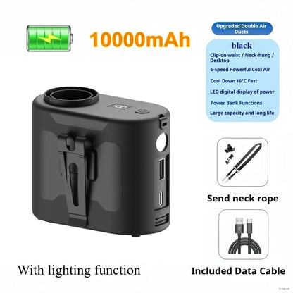Portable Waist Clip Fan Small USB Charging Hanging Fan with LED Flashlight Outdoor Single/dual Air Outlet Fan 20000/10000Mah