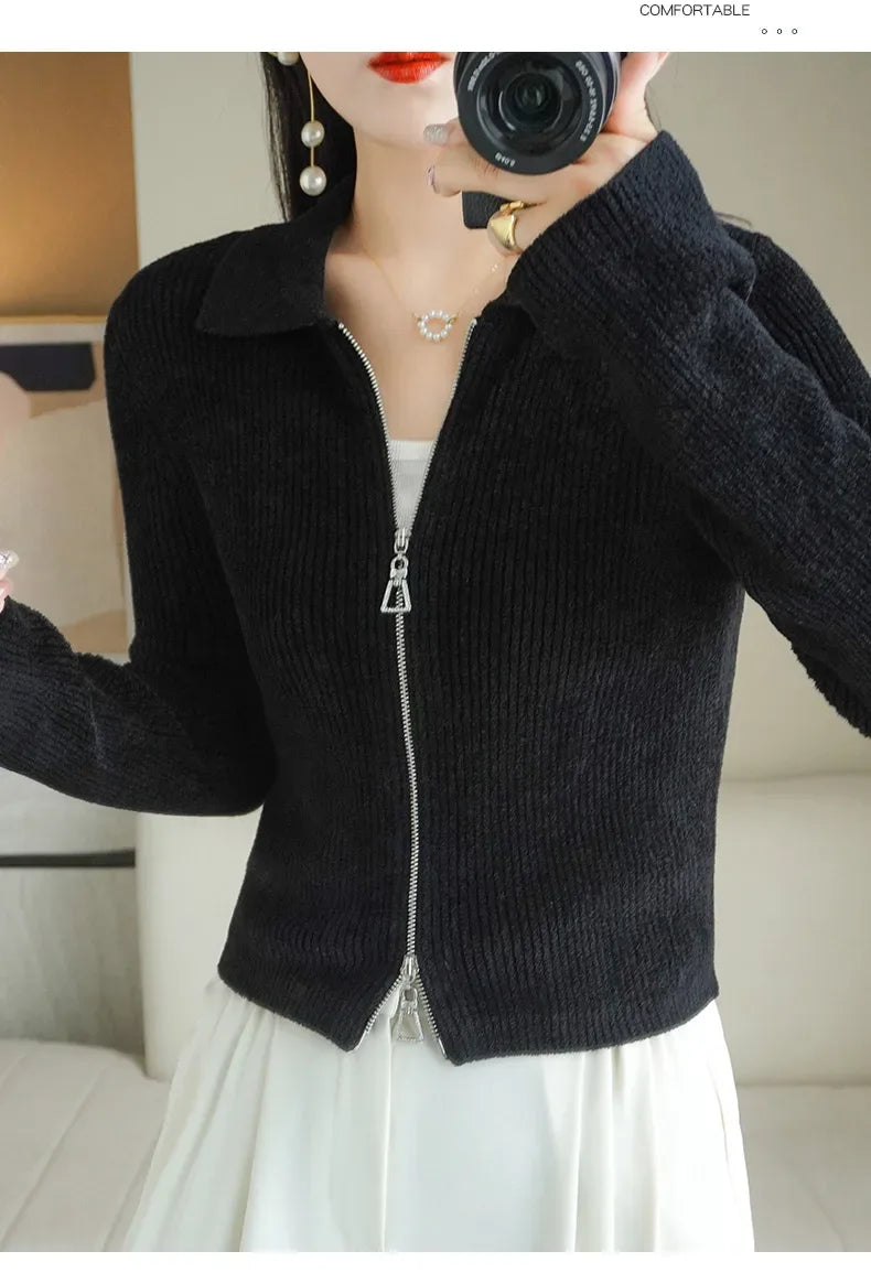 Women Autumn Winter Soft Wool Sweater Polo Collar Thicken Knitted Double Zipper Cardigan Basis Short Top Cashmere Female Coat