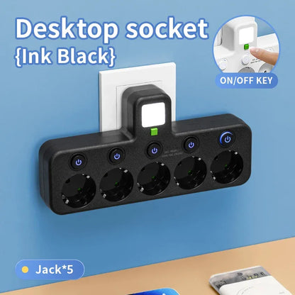 EU Plug Power Strip with 3 AC Outlets +2 USB Ports+ 1 Type C, 6-in-1 Plug Socket Adapter Wireless Wall Charger for Home Office