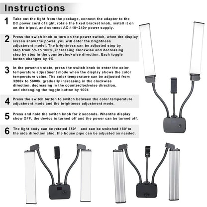 45W LED Video Light Double Arms Fill LED Light Selfie Light Long Strips LED Light for Photo Studio Live Broadcast Tiktok Stream