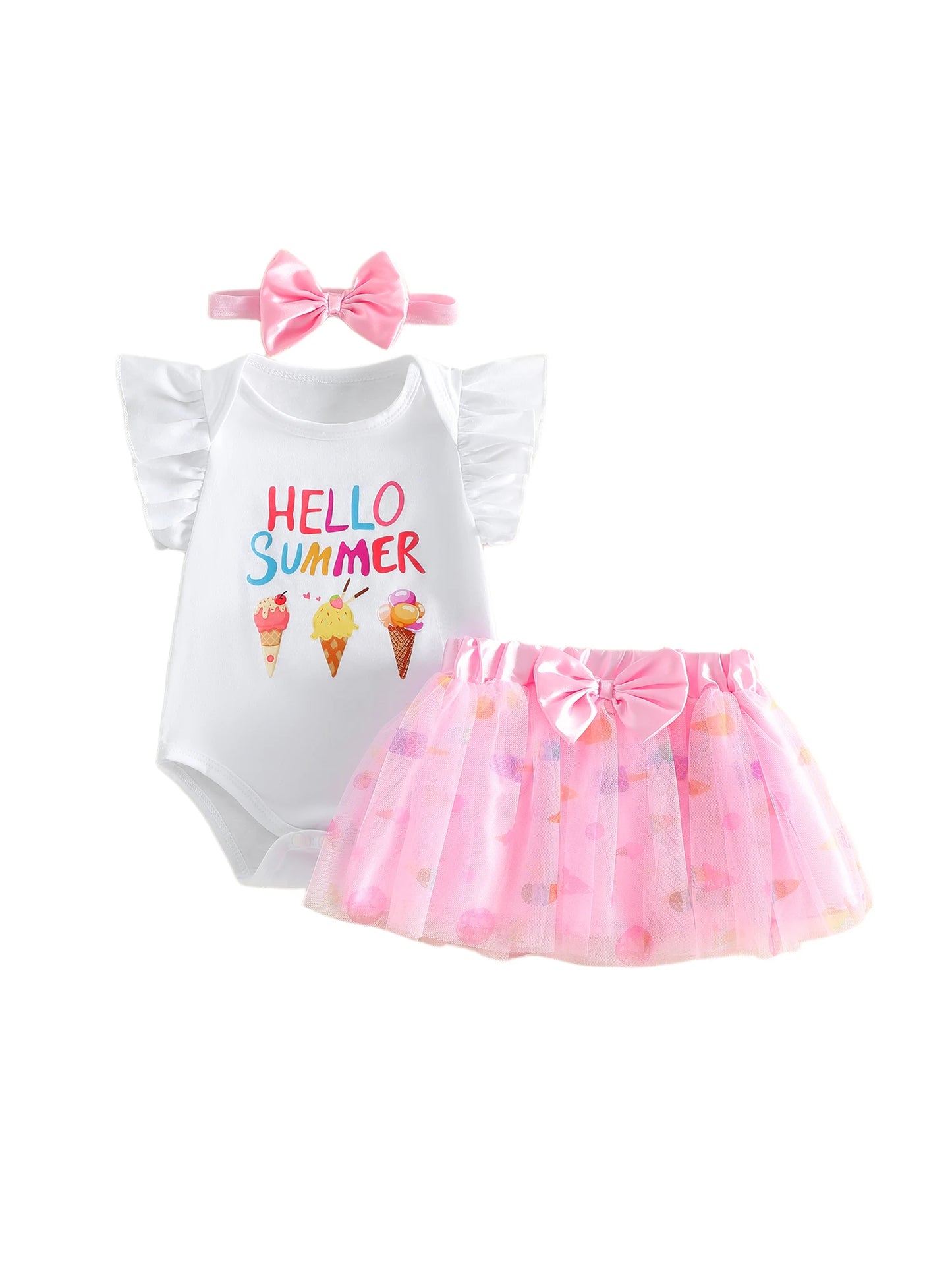 3Pcs Infant Girl Outfit Crew Neck Flying Sleeve Summer Themed Ice Cream Print Romper Tulle Skirt Headband Set