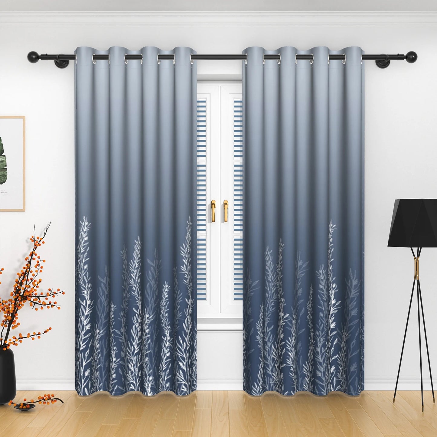 2pcs/set Solid Color Gradient Window curtains Bottom Leaf Print Thermal Insulated Polyester Bedroom Living Room Blackout Curtain