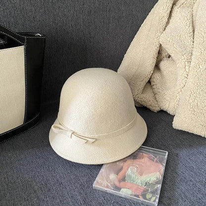 2024 Autumn Spring Fedoras Women Hat Elegant Vintage Bowknot Wool Ladies Hat Dome Felt Wedding Church Jazz Cap Female Bow Bowler