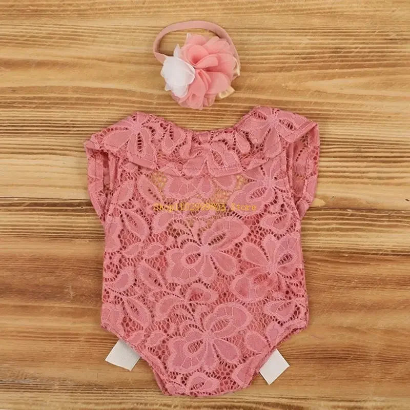 Baby Bow Lace Romper Headband Set Newborn Photography Props Bodysuit Jumpsuit with Flower Hair Band Infants Fotografie Outfits