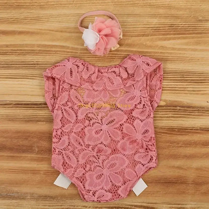 Baby Bow Lace Romper Headband Set Newborn Photography Props Bodysuit Jumpsuit with Flower Hair Band Infants Fotografie Outfits