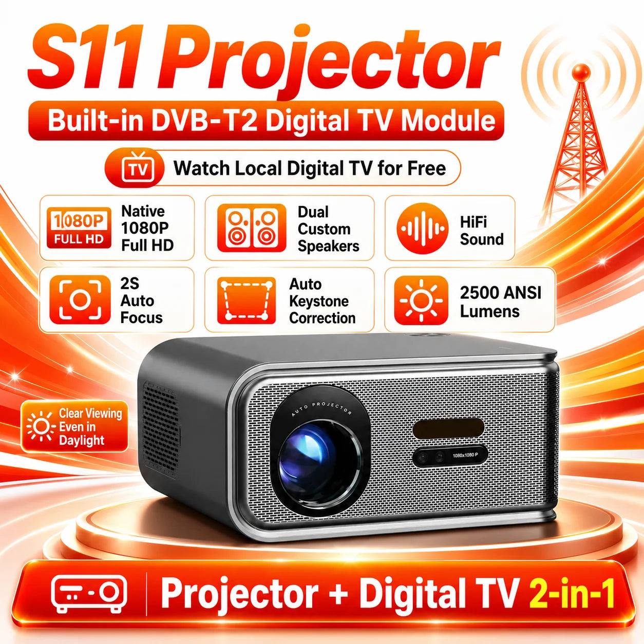 2026 New Smart Projector 2500 ANSI LM Google Play HDR10+ 1920*1080P Full HD Support 8K Video For Home Movie Theater TV Gaming
