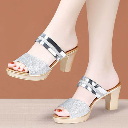 women's sandals summer 2024 Ladies Sequin Fabric High Heels Buckle Cool woman sandals Summer Casual Open Toe slippers Ladies