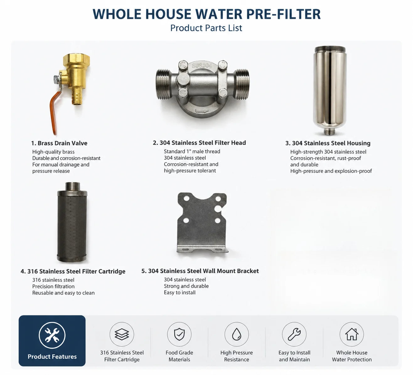 Whole House Well Water Filter for Household, 304 Stainless Steel Pre Filter with High Flow & Backwashing Function