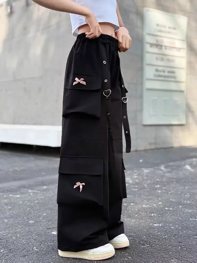 Kids Cargo Pants with Side Pocket for Tweens Girl High Fashion Hip Hop Bow Trousers Child Street  Pink Black Trackpants Hot Sell