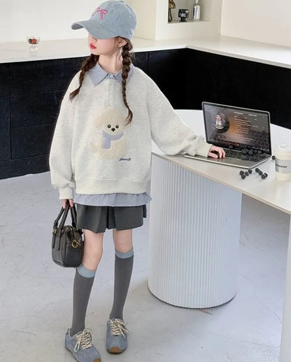 Sweatshirt Girls' 2025 New Faux Two-Piece Polo Hoodie Spring/Autumn Kids Medium-Large Loose Fit Cartoon Puppy Top