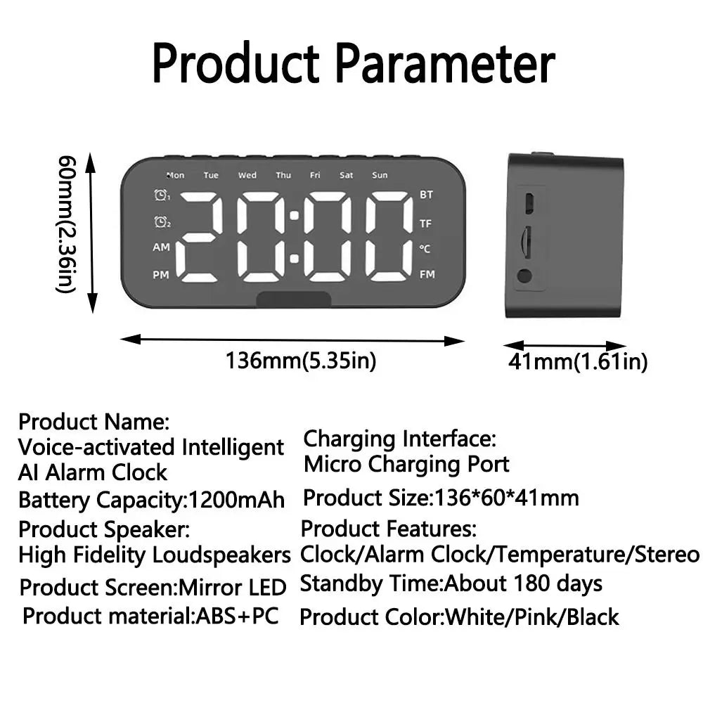 5-in-1 Digital Table Calendar LED Digital Display Sleep Timer Small Digital Clock Bluetooth with Mirror Electronic Alarm Clock