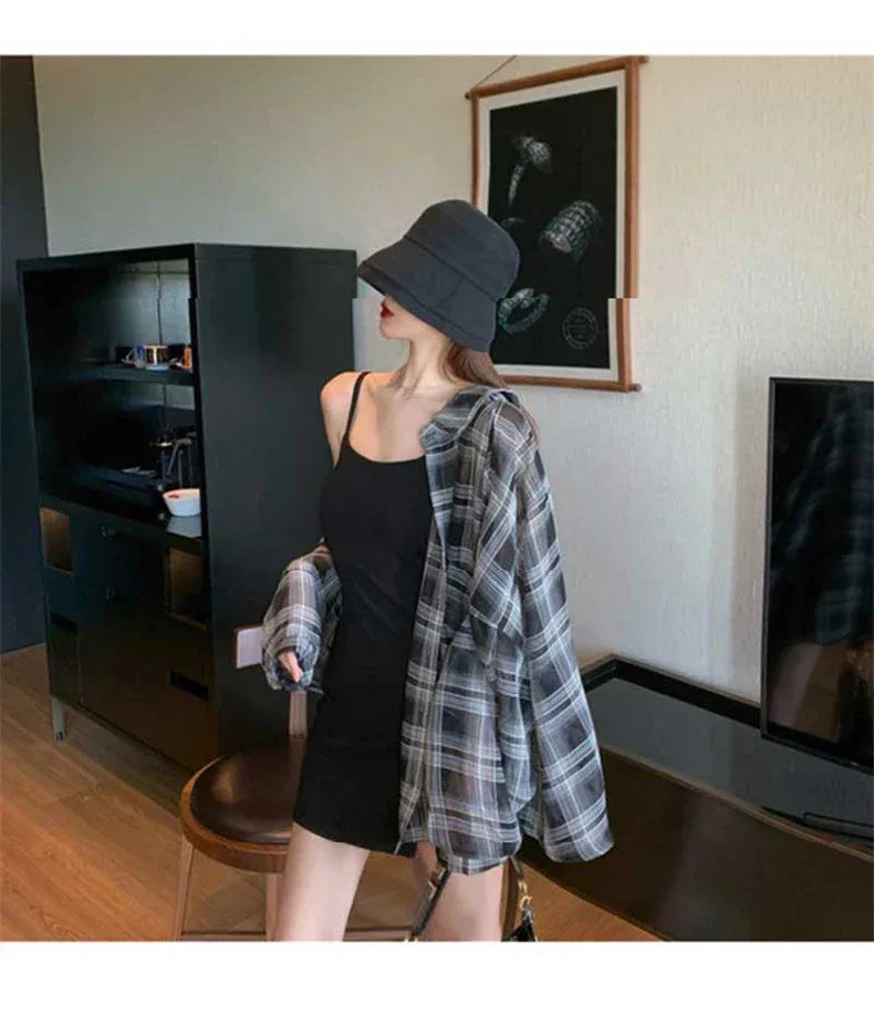 2024 Summer Autumn New Women's Shirt Thin Casual Street Style Shirt Outer Top Checkered Shirt Cardigan Coat for Women
