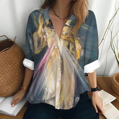 T-shirt à manches longues imprimé silhouette, coupe ample, col polo, idéal pour l'automne.