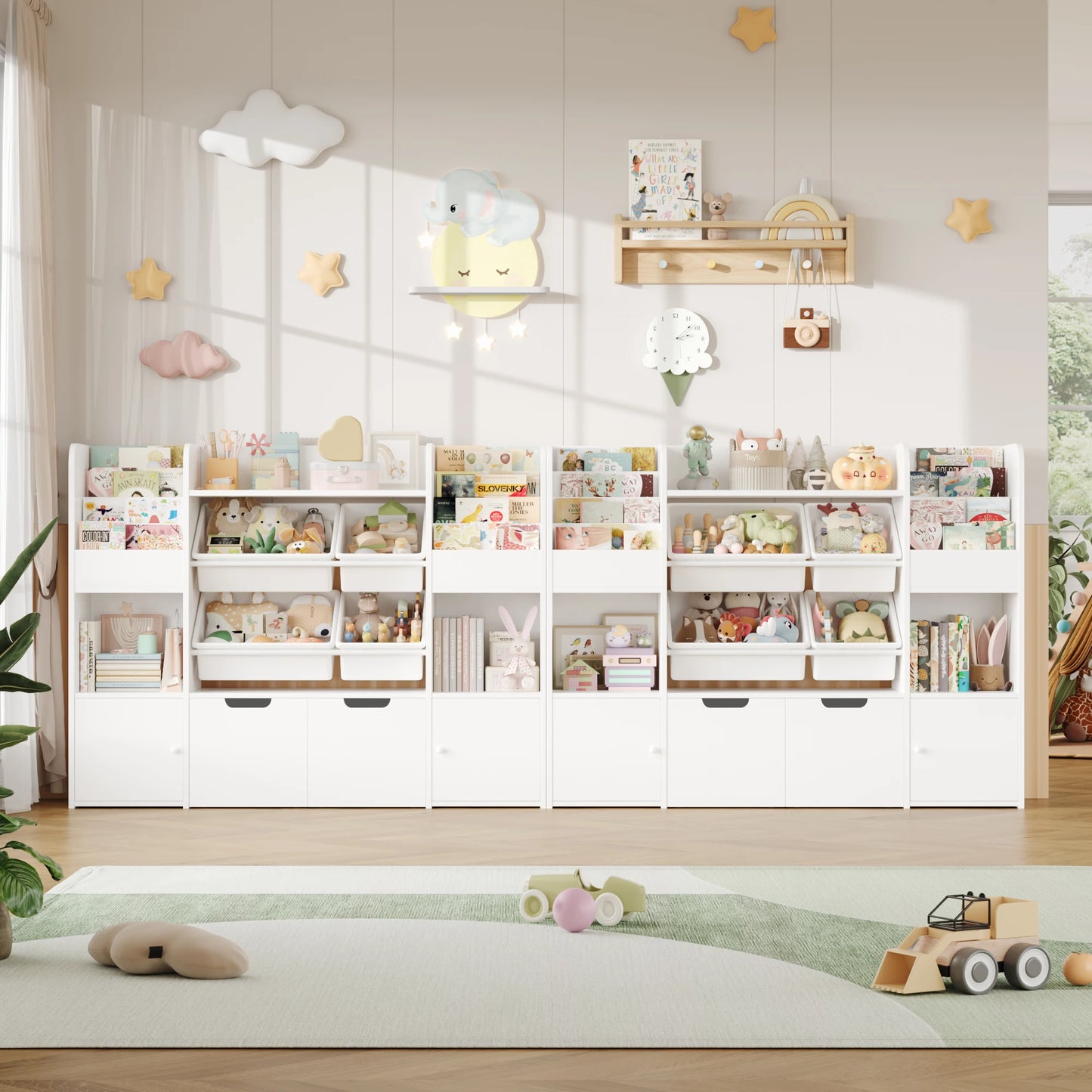 Getone Toy Storage Unit Children's Bookshelf Kid's Room Furniture Bookcase with 4 Boxing 2 boxing rolls 13 shelves 126x30x104cm