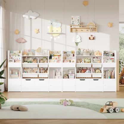 Getone Toy Storage Unit Children's Bookshelf Kid's Room Furniture Bookcase with 4 Boxing 2 boxing rolls 13 shelves 126x30x104cm