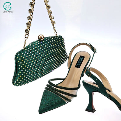 QSGFC African Women's Fashion Crystal Square Button Pointed High Heels Water Diamond Shiny Wine Color Sandal Bag Set