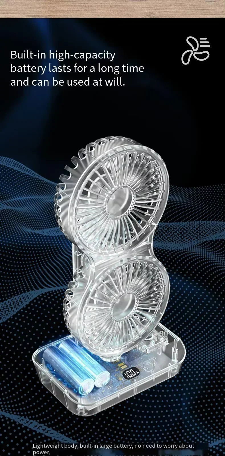 Double Head DesktopFan:4-speed fast cooling, 8000mAhbatterydigital display adjustable directionshakingfunction for household use