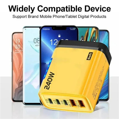 Total 240W Power GaN Charger 5 in 1 Fast Charging Charger PD Adapter For iPhone Samsung Xiaomi Huawei Laptop Tablet 2USB 3C