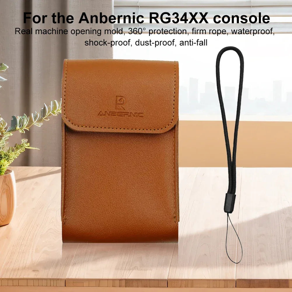 Carrying Case PU Leather Shockproof Portable Storage Bag with Lanyard Protection Case for Anbernic RG34XX Handheld Game Console