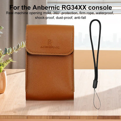 Carrying Case PU Leather Shockproof Portable Storage Bag with Lanyard Protection Case for Anbernic RG34XX Handheld Game Console