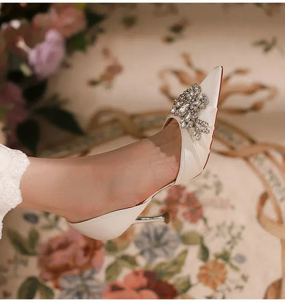 2025 Autumn New White French High Heels Pointy Rhine-Diamond Thin Heel Not Tired Foot Single Shoes Wedding Shoes