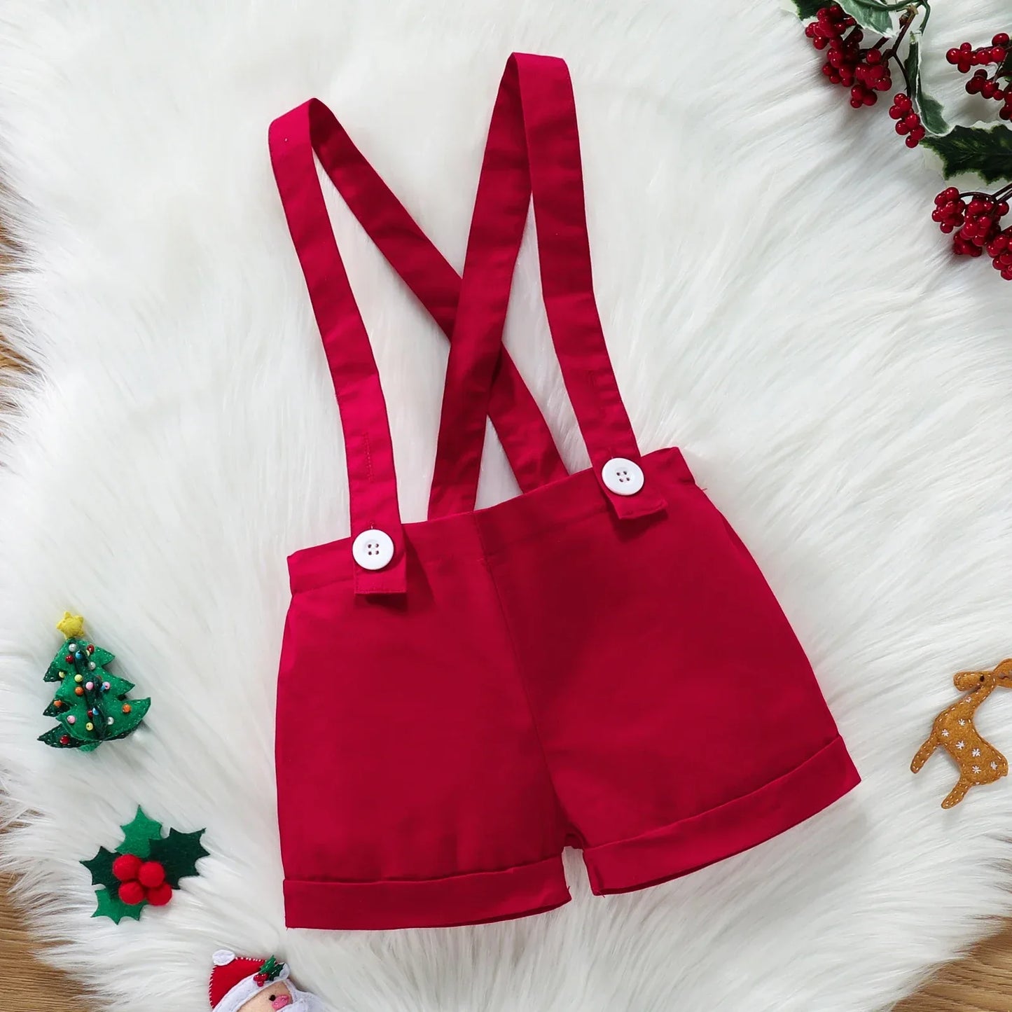 Christmas Suit Infant Bow Short Sleeve Polo Romper + Brace Shorts Set Newborn Baby Girl Boy Clothes