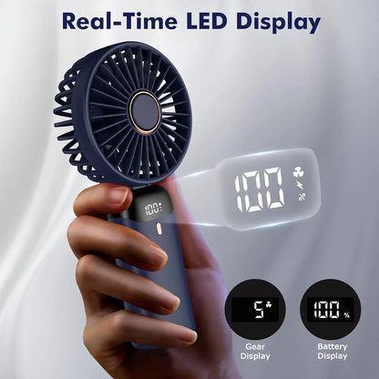 Handheld Fan,Foldable Desk Desktop Type-C Rechargeable Fans with Lanyard and Base, Mini Fan with LED Display 4000mAh