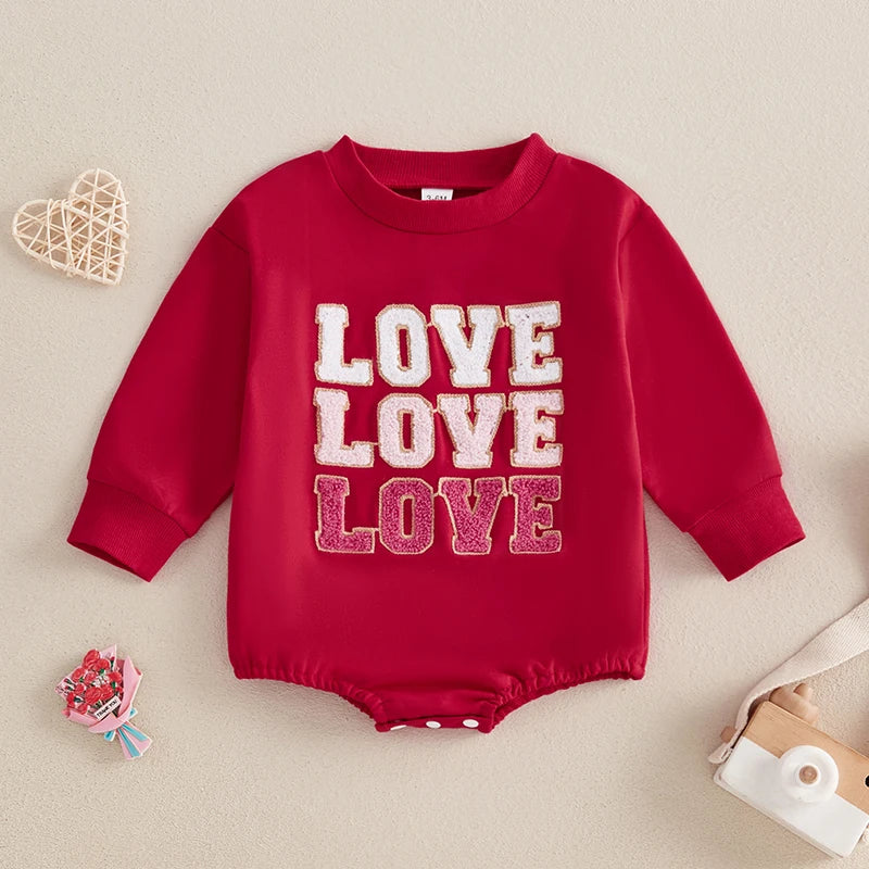 Newborn Baby Girl Boy Sweatshirt Romper Autumn Spring Letter Embroidered Long Sleeve Round Neck Jumpsuits for Valentine's Day