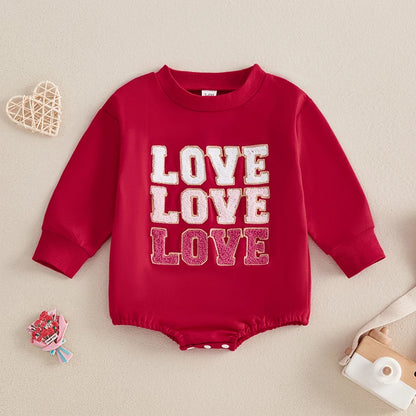 Newborn Baby Girl Boy Sweatshirt Romper Autumn Spring Letter Embroidered Long Sleeve Round Neck Jumpsuits for Valentine's Day