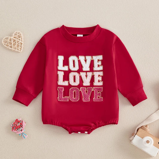 Newborn Baby Girl Boy Sweatshirt Romper Autumn Spring Letter Embroidered Long Sleeve Round Neck Jumpsuits for Valentine's Day