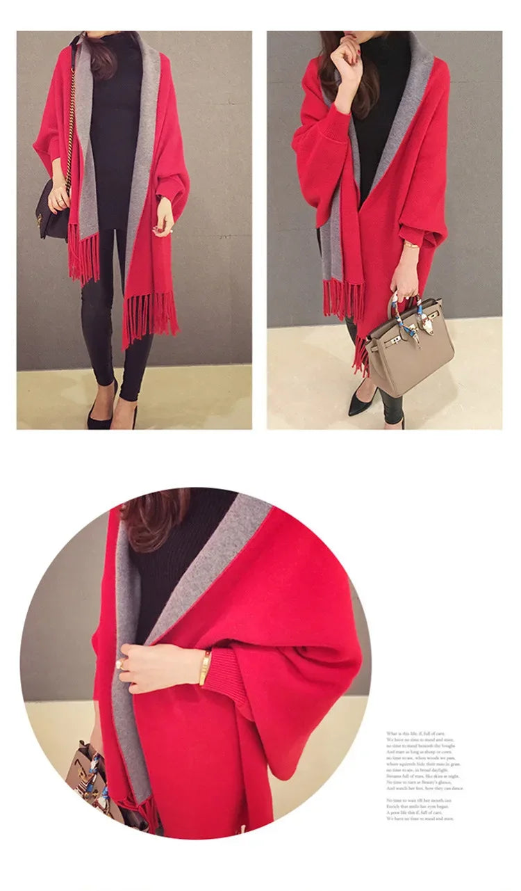 Autumn Winter Tassel Long Sweater Cardigans Casual Korean Long Sleeve Cloak Patchwork Knitwear Coats Outwaer LMFS-LM-8015