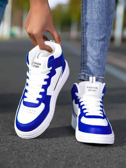 HKDQ Blue High Top Sneakers Unisex Non Slip Platform Men's Skate Shoes Spring Autumn Casual Leather Skateboard Shoes For Women