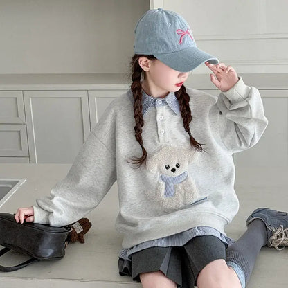 Sweatshirt Girls' 2025 New Faux Two-Piece Polo Hoodie Spring/Autumn Kids Medium-Large Loose Fit Cartoon Puppy Top