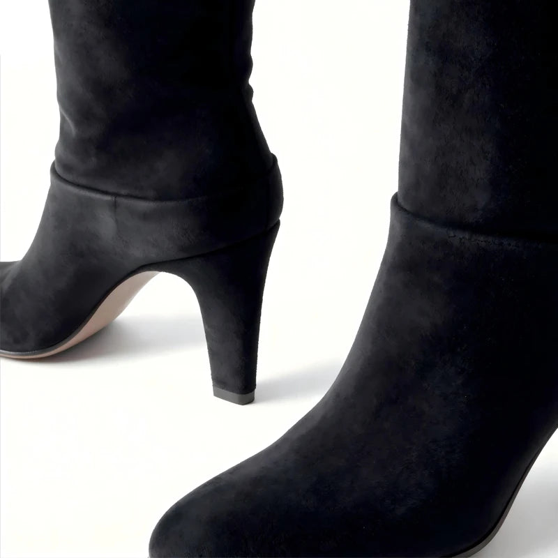 Autumn and Winter Women's Thick High-heeled Knee High Boots, Round Headed Cowhide Suede Fashionable Women's Plus Size Boots